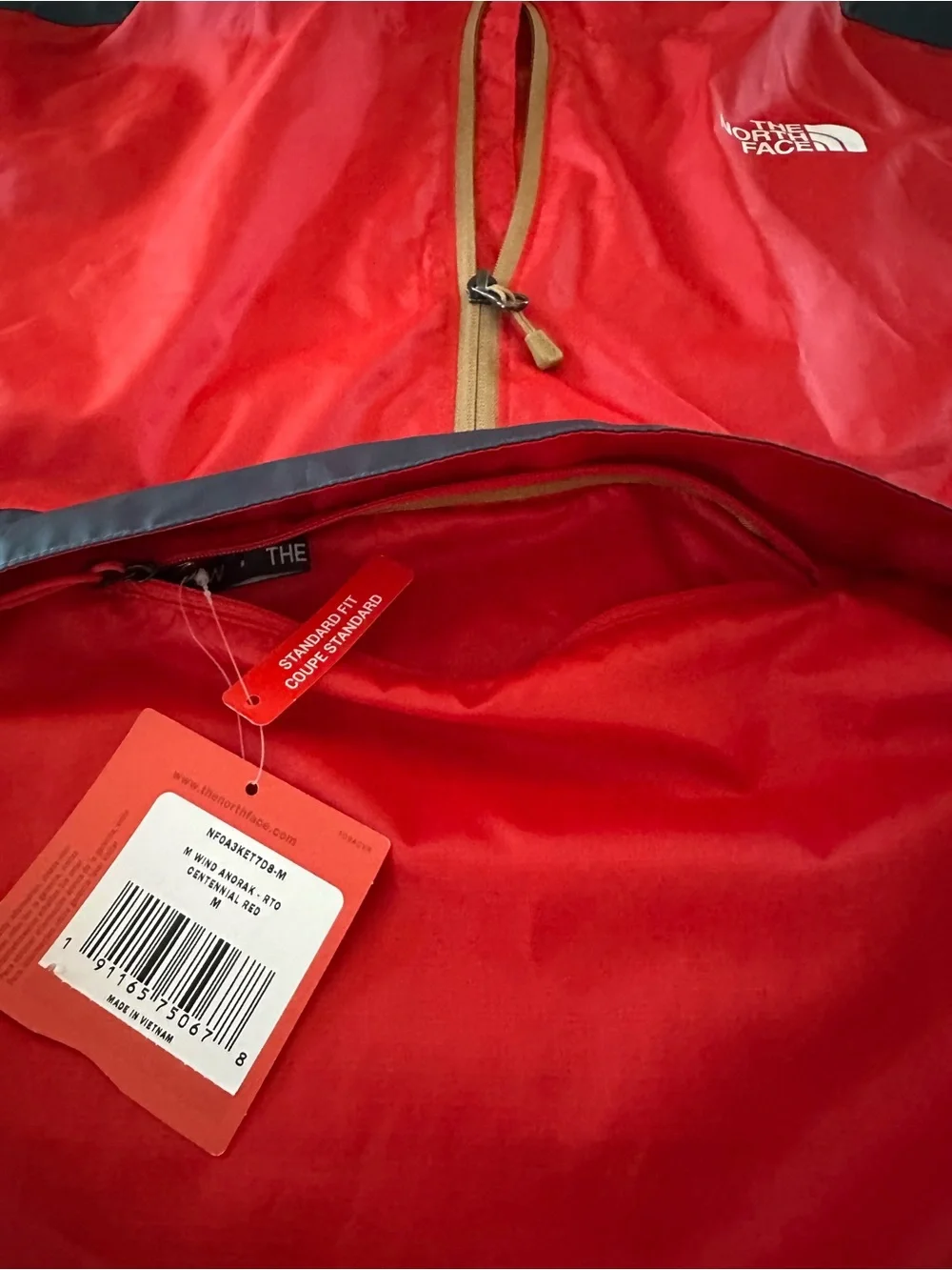 The North Face Red Hooded Pullover Windbreaker with Contrast Zipper